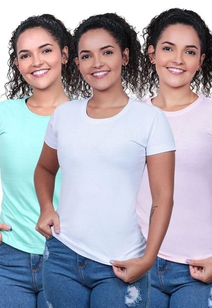 Camiseta Baby Look Feminina Kit 3 Blusa Algodão Básica Lisa Manga Curta Tshirt Dia A Dia Techmalhas Verde Água/Branco/Rosa - Marca TECHMALHAS