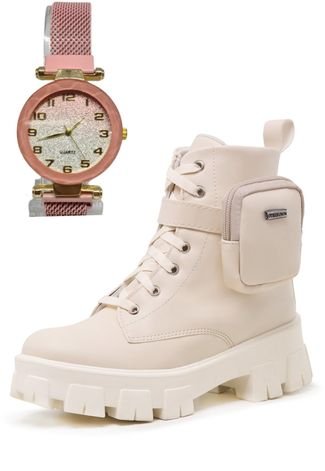 Bota Coturno Off White Tratorado Blogueirinha Feminino Com Bolsinha E Relogio