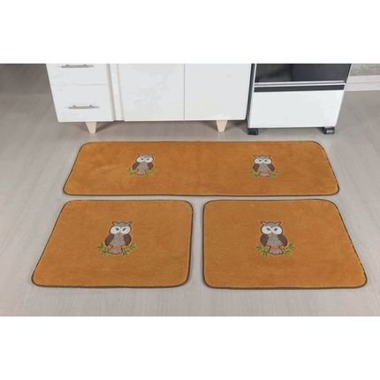 Kit de Tapetes para Cozinha com 3 Peças - Coruja Caramelo - Marca Guga Tapetes
