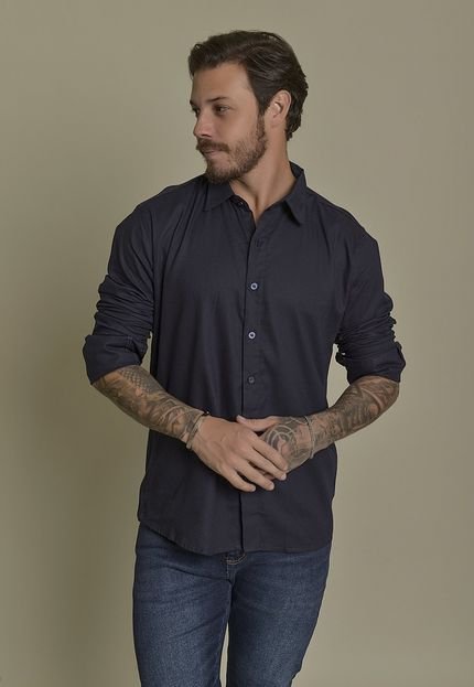 Camisa Social de Linho Masculino Cor Marinho Dialogo Jeans - Marca Dialogo Jeans
