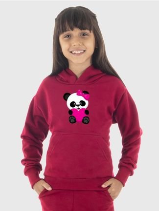 Moletom Canguru Infantil Menina Estampado Panda Vinho