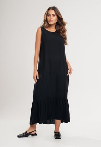 Vestido Midi Regata Babado Viscolinho Salvatore Fashion Preto