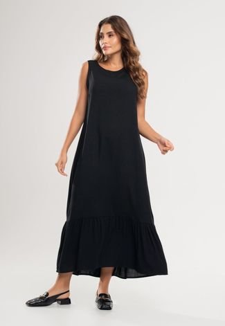 Vestido Midi Regata Babado Viscolinho Salvatore Fashion Preto