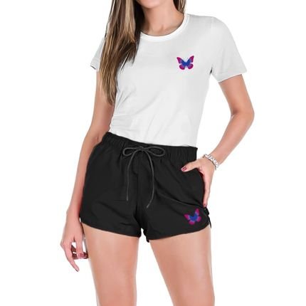 Conjunto Feminino Verão Moda Praia Camiseta Algodão Short Tactel Estampada - Marca Relaxado