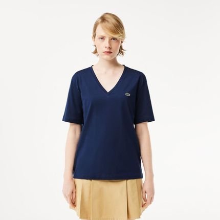 Camiseta de Algodão macio com ajuste relaxado e decote em V Azul - Marca Lacoste