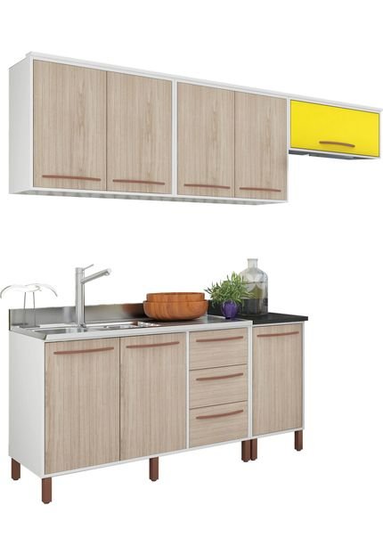 Cozinha Compacta Pistache Branco e Bege e Amarelo Móveis Albatroz - Marca Albatroz