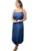 Vestido Liage Longo Liso Alça Alcinha Plus Size Denim Azul Escuro Jeans - Marca Liage