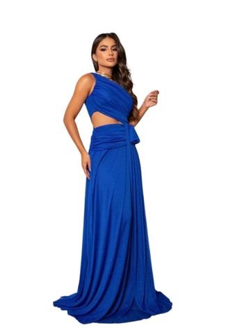 Vestido Longo de Festa Premium Convidadas Madrinhas Casamento um Ombro Com Brilho Abertura Lateral Aliene Azul Royal