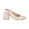 Scarpin Sapato Slingback Feminino Salto Grosso Bico Quadrado Off White e Dourado - Marca Stessy Shoes