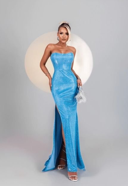 Vestido Longo Tomara que Caia Madrinhas com Fenda Majestic  Azul Serenity - Marca Cia do Vestido