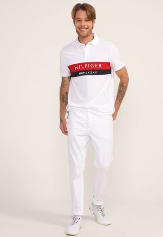 Camisa Polo Tommy Hilfiger Reta Logo Bordado Branca - Compre Agora