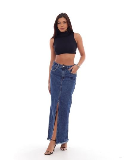 Saia Jeans Longa Feminina Cintura Alta Abertura Frontal 22998 Escura Consciência - Marca Consciência