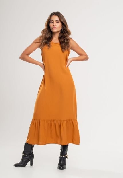 Vestido Midi Regata Babado Viscolinho Salvatore Fashion Caramelo - Marca Salvatore Fashion