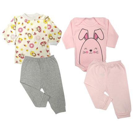 Kit Roupa de Bebê 4 Pç Body Mijão e Camiseta Várias Estampas Rosa - Marca Koala Baby