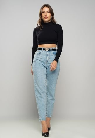 Cropped Salvatore Gola Alta Manga Longa Comfy Malha Canelada Preto