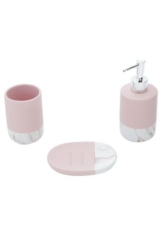 Kit 3pçs Banheiro Cerâmica Marble Base Rosa