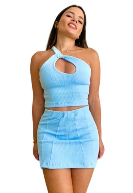 Conjunto Feminino Cropped Decote Sem Bojo Modelo Short Saia  Azul - Marca Penelópe Joy