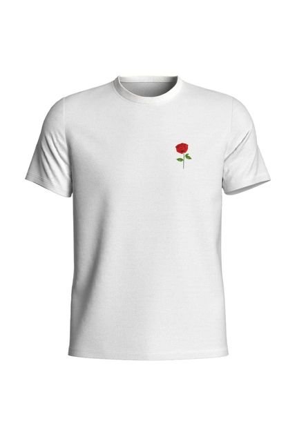 Camiseta Masculina Algodão Relaxado Manga Curta Branca Estampa Flor Vermelha - Marca Relaxado
