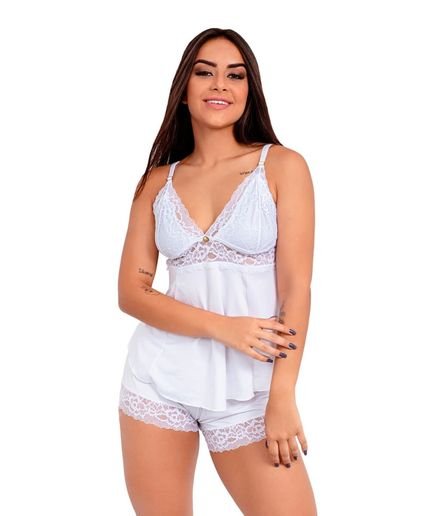 Pijama Short Doll Baby Doll IMI Lingerie Microfibra E Renda Hope Branco - Marca IMI LINGERIE