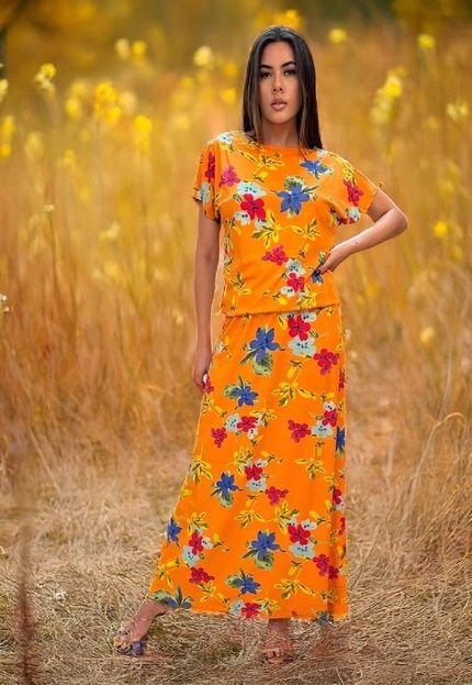 Vestido Longo Morcego Malha Estampa Laranja Floral - Marca Cabanafree