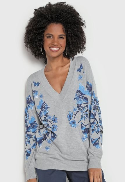 Suéter Tricot Desigual Floral Aplicações Cinza - Marca Desigual