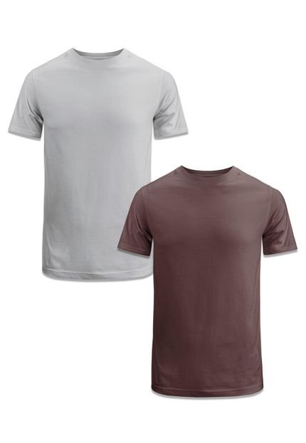 Camiseta Básica Masculina Kit 2 Algodão Fio 30.1 Lisa Macia Tradicional Slim Fit Premium Techmalhas Cinza/Marrom - Marca TECHMALHAS