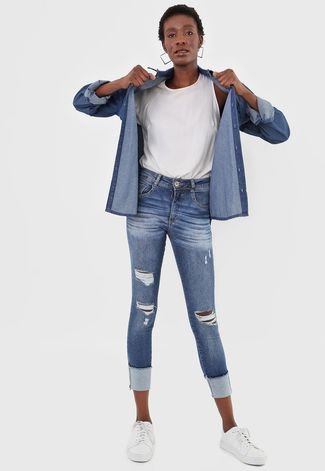 Calça Cropped Jeans Biotipo Skinny Destroyed Azul