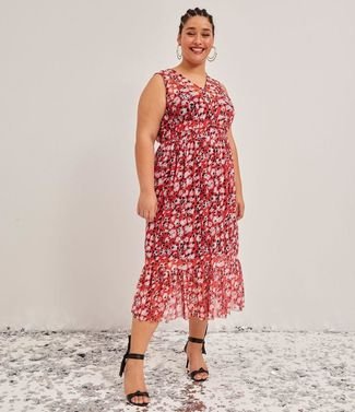 VESTIDO PLUS SIZE MIDI COM DECOTE E SAIA DE BABADOS CURVE