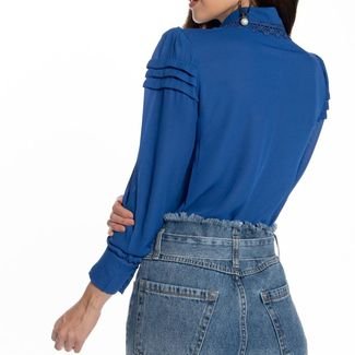 Camisa Feminina Lisa Manga Longa Bufante Renda Delicada  Azul Royal G Azul