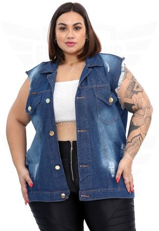 Colete Jeans Plus Size Destroyed - EWF Jeans - Azul Escuro