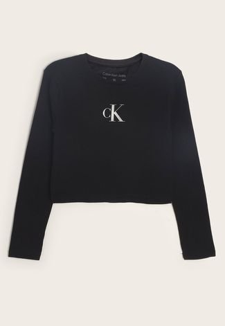 Camiseta Infantil Cropped Calvin Klein Kids Logo Preta