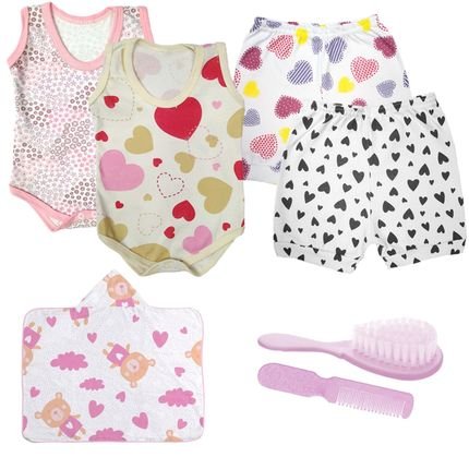 Kit Bebê 7 Pçs Body Shorts Toalha Capuz e Kit Pente e Escova Rosa - Marca Koala Baby