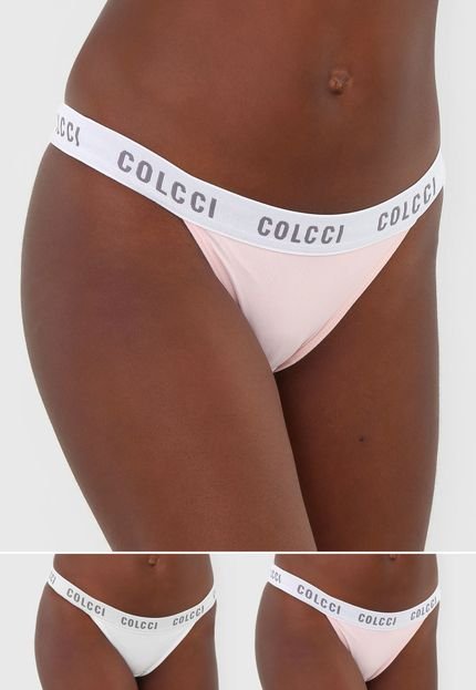 Kit 2pçs Calcinha Colcci Underwear Fio Dental Lettering Branco/Rosa - Marca Colcci Underwear