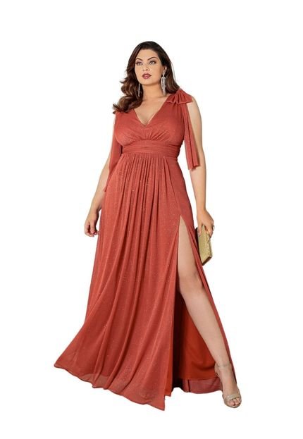 Vestido Longo de Festa decote em V Plus size Curvy Lurex Phinnatta Terracota - Marca Cia do Vestido