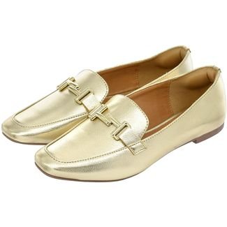Sapato Feminino Mocassim Donatella Shoes Bico Quadrado Confort Ouro light