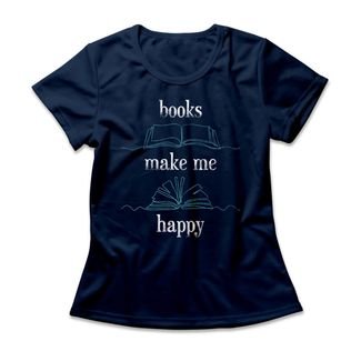 Camiseta Feminina Books Make Me Happy - Azul Marinho