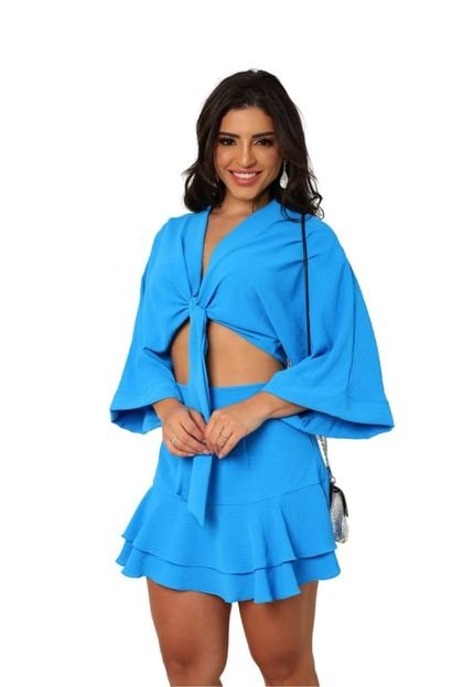 Conjunto Cropped Manguinha amarração e Short Saia Babados Vivenna  Azul - Marca Cia do Vestido