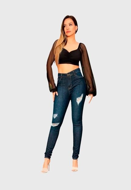 Calça Jeans Feminina Skinny Cintura Alta Rasgada - Marca Mari