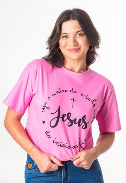 Blusa T-Shirt Feminina Algodão Manga Curta Escrita Jesus - Marca Zafina