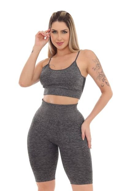 Conjunto Top E Bermuda Fitness Empina E Levanta Bumbum Academia Cinza Escuro - Marca GARAIS MODA