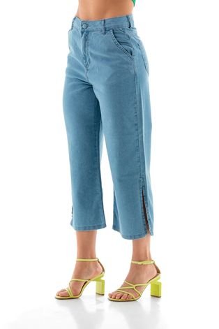 Pantacourt Jeans Feminina Slim com Fenda Lateral - 2661  Azul claro