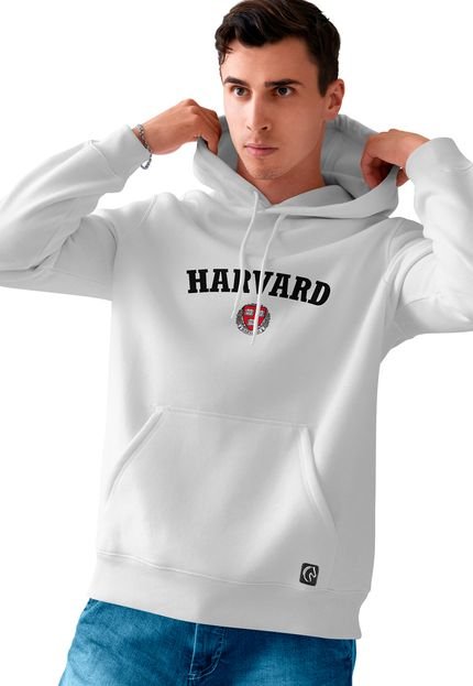 Blusa De Frio Masculina Moletom Flanelado Com Capuz e Bolso Canguru Harvard Branco - Marca BUENO STORE