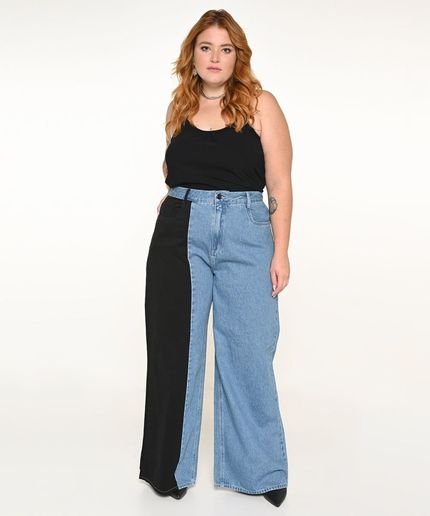 Calça Feminina Jeans Plus Wide Leg  Bicolor Razon Jeans - Marca Razon Jeans