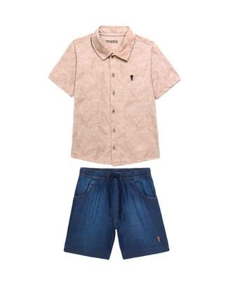 Conjunto Camisa Polo Manga Curta e Bermuda Jeans Infantil Masculino Onda Marinha