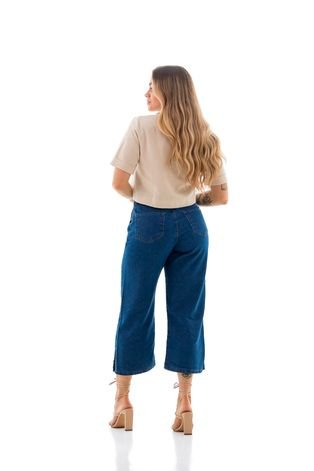 Pantacourt Jeans Feminina Slim com Fenda Lateral  Azul