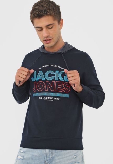 Blusa de Moletom Flanelada Fechada Jack & Jones Lettering Azul-Marinho - Marca Jack & Jones
