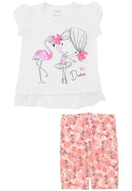Conjunto 2pçs Hug Curto Menina Flamingos Branco/Rosa - Marca Hug