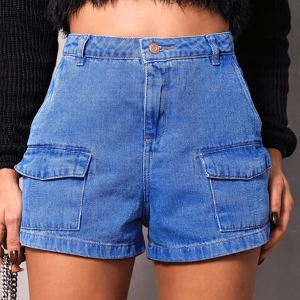 Shorts Jeans Cargo Azul Cintura Alta Feminino - Marca Crawling