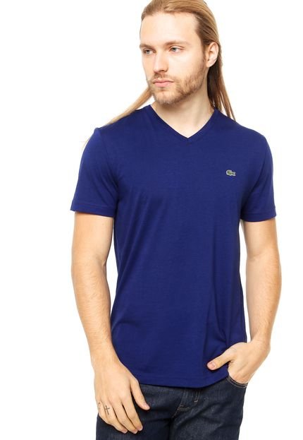 Camiseta Manga Curta Lacoste Bordado com Gola V Azul - Marca Lacoste