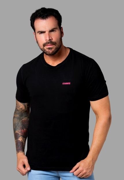 Camisa Masculina Hammer Camiseta Básica Preta Com Logo Rosa - Marca Hammer